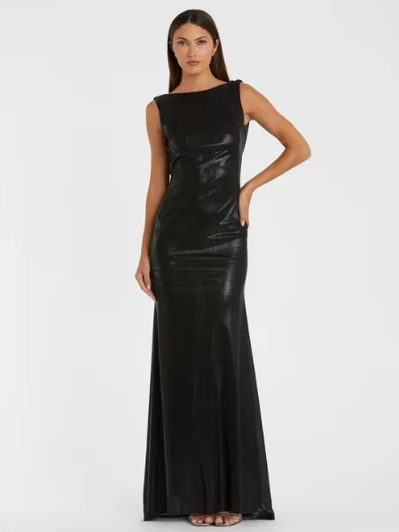 Black Metallic Jersey Cowl Back Column Gown